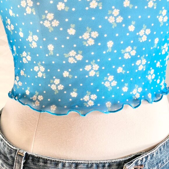 Retro BCBGeneration Sky Blue Baby Tee Crop Top Whimsigoth Floral Juniors Size L - Picture 7 of 9